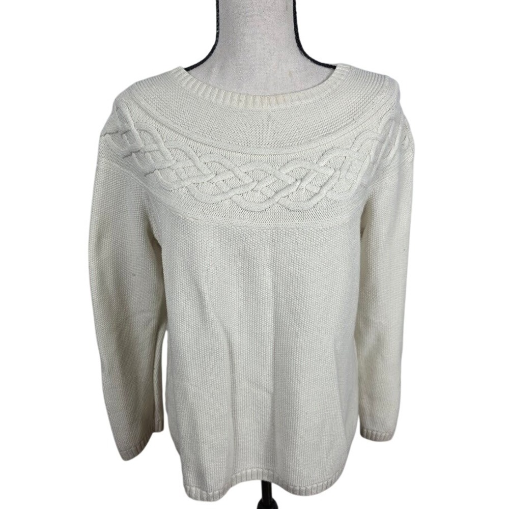 Talbots Cable Knit Sweater Womens Large‎ Ivory Cashmere Blend Braided Yoke